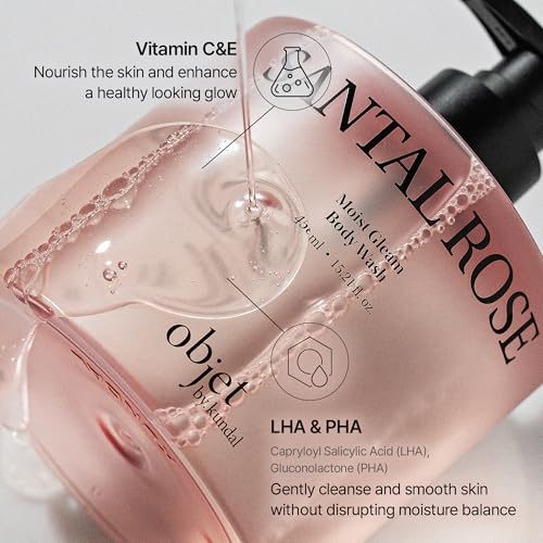 KUNDAL objet Moist Gleam Body Wash - Hydrating Glow Cleanser, Resveratrol C&E + LHA PHA Gentle Exfoliation, Rich Creamy Lather, Long Lasting Moisture, 450ml, Korean Beauty (Santal Rose)