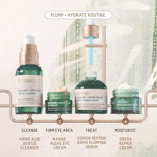 Biossance Plump and Hydrate Skincare Set - Amino Aloe Gentle Foaming Cleanser, Marine Algae Eye Cream, Copper Peptide Rapid Plumping Serum & Omega Moisturizer For Face Lock In Hydration For Your Skin