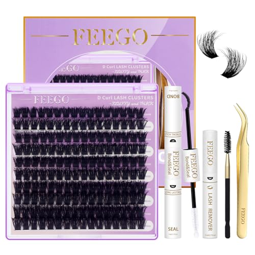 FEEGO Lash Extension Kit 100D/ 200D Fluffy 10-20MM D Curl Lash Clusters Eyelash 160pcs Extension Kit Individual Lashes with Lash Bond and Seal Lash Remover Lash (100D LASH KIT)