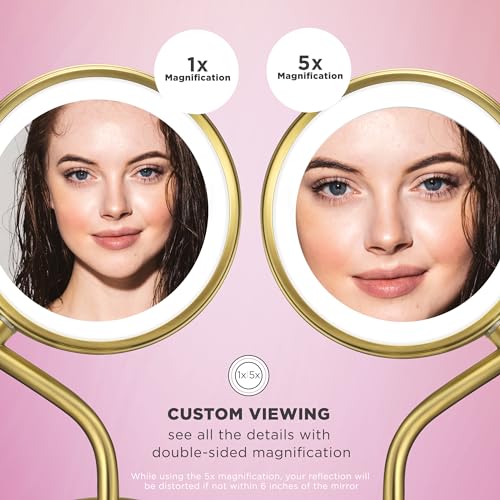 Conair Lighted Makeup Mirror, LED Vanity Mirror, 1X/5X Magnifying Mirror, Battery Operated in Brushed Brass