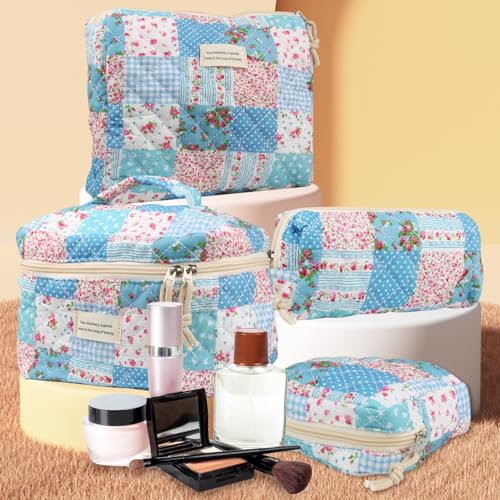 Cute Makeup Bag for Women(2 Pcs), Travel Cosmetic Bags, Quilted Coquette Aesthetic Floral Toiletry Organizer Bag (43 - Grid Rose/4PCS)