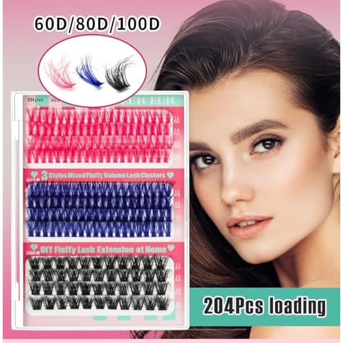 3-Color Eyelash Extension Kit, 60D/80D/100D Fluffy D-Curl Cluster Lashes - Fake Mink Volume Lashes for DIY, Includes 1 Pink Eyelash Curler