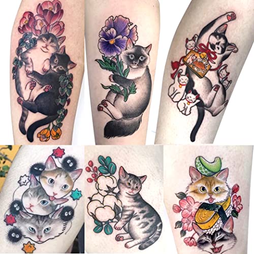 30 Sheets Hand Arm Clavicle Temporary Tattoo Stickers Cute Japanese Style Cat for Men Women Teens