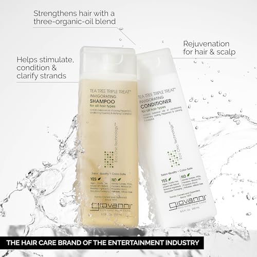 GIOVANNI Tea Tree Triple Threat Invigorating Shampoo & Conditioner Set - Travel Size, Cooling Peppermint, Eucalyptus, Rosemary, Helps Dry Scalp, Paraben Free, Moisturizes & Detangles - 2 oz (2 Pack)