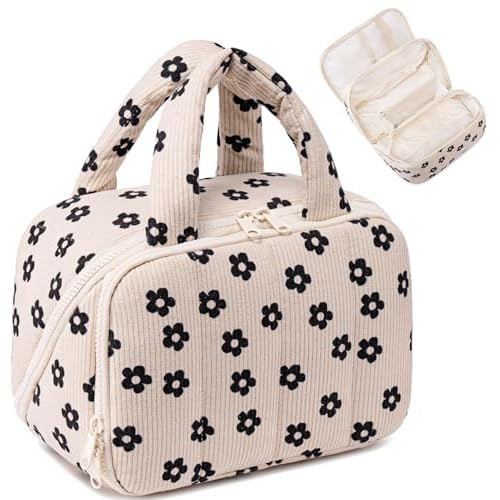 CAMTOP Travel Toiletry Bag for Women Travel Toiletry Organizer Lightweight Large Wide-open Makeup Bag Large Capacity Qulited Cosmetic Bag Puffy for Essentials Organizer (Flower-Black)