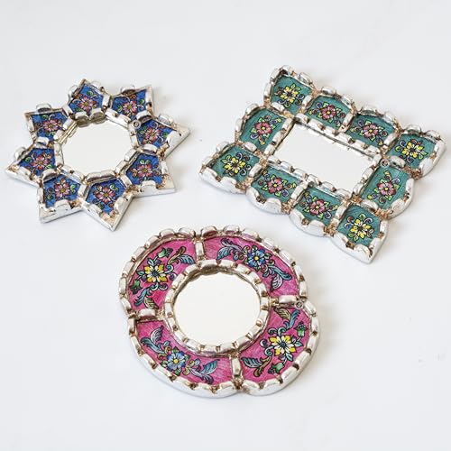 Handmade Mirrors Set of 3 for Wall Decor - Silver Leaf Small Mirror Set - Turquoise, Blue, Fuchsia Accent Decor (6in)