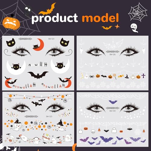 Halloween Face Temporary Tattoos for Kids 12 Sheets Day of the Dead Pumpkin Spider Bat Ghost Tattoo Stickers Cute Face Makeup Decals for Halloween Party Decorations