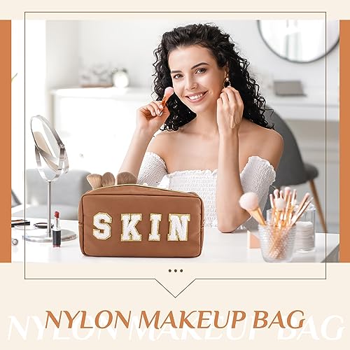 Cunno 4 Pcs Preppy Makeup Bags Chenille Letter Stuff Bag Nylon Cosmetic Pouch Cases with Zipper for Women Travel Toiletry