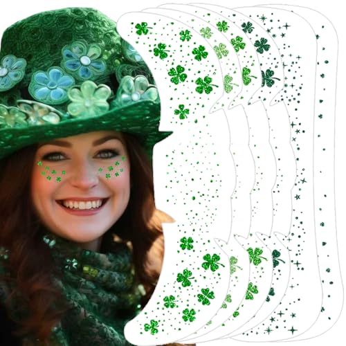 St Patricks Day Face Temporary Tattoos, St Patricks Day Accessories 6 Pcs Glitter Freckles Face Tattoo Green Shamrock Clover Stickers for Adult Women Saint Patricks Day Party Favors