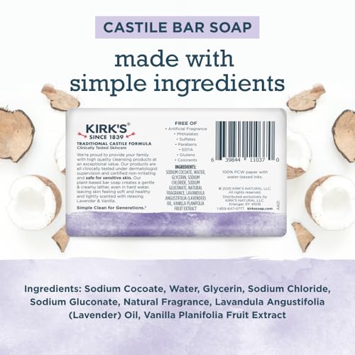 Kirk's Castile Bar Soap for Men, Women & Children - Made with Premium Coconut Oil, Sensitive Skin Formula, Vegan, Non GMO, Lavender & Vanilla, 4 oz. Bars 6 Pack