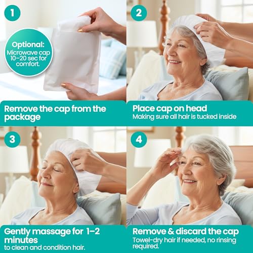 No-Rinse Shampoo & Conditioner Shower Cap, Waterless Hair Washing for Elderly, Bedridden, Hassle-Free Microwavable Hair Washing Cap infused with Aloe & Vitamin E ? 6-Pack