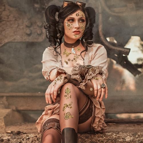 HOWAF Steampunk Temporary Tattoos Steampunk Face Tattoos, Steampunk Accessories Steam Punk Cogs and Gears Fake Tattoos, Halloween Tattoos Halloween Face Tattoo for Steampunk Halloween Costume