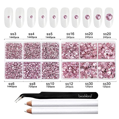 Beadsland 8300PCS Flatback Rhinestones, Pink Rhinestone Round Crystal Rhinestones for Crafts, Mixed 10 Sizes with Wax Pencil and Tweezer Kit, SS3-SS30, Light Rose/Light Pink