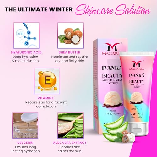 Ivanka Beauty Moisturizing Lotion for Winter Dry Skin with Vanilla Fragrance & Hyaluronic Acid - for Good Smell, All Skin Types including Sensitive & Acne Prone Skin - with SPF 50 - without Chemicals