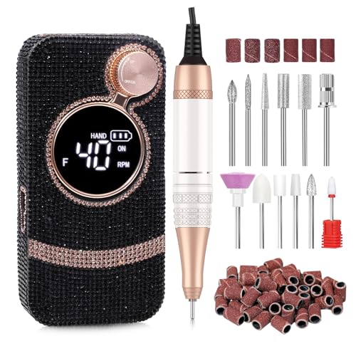 Electric Nail Drill, 40000RPM Cordless Nail File with 12 Drill Bits for Acrylic Nails Gel Polishing, E File Professional, Nail Kit Machine for Manicure Salon Home Black Diamond