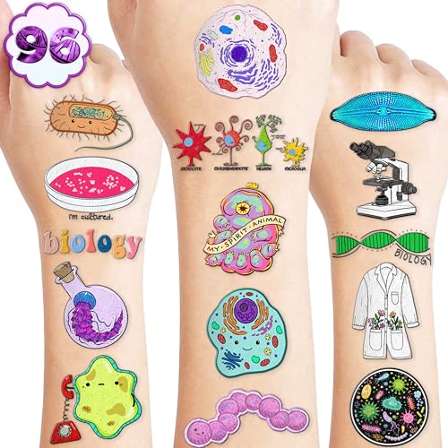 (96 PCS) Funny Biology Science Student Major Temporary Tattoos Birthday Themed Party Supplies Decorations Favors Cute Stickers Tattoo Gifts for Kids Girls Boys Teachers Decor School Reward Christmas