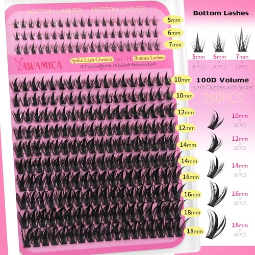 Yawamica Lash Clusters Kit Wispy Eyelash Clusters with Spikes and Bottom Lashes DIY Lash Extension Kit 10-18mm 100D Volume Individual Manga Lashes with 5-7mm Bottom Lash Clusters and Bond and Seal
