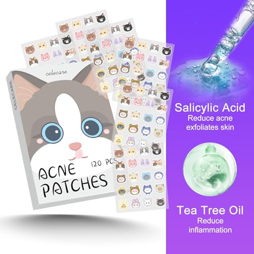 Cat Pimple Patches,Cute Pimple Patches,Acne Patches for Face, Cute Stickers,Salicylic Acid & Tea Tree, 120 Hydrocolloid Dots in 20 Colors for Face,Cute Cat Pimple Stickers