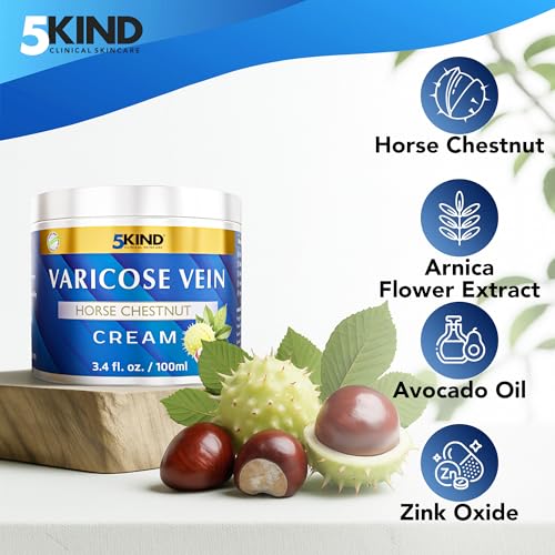 Varicose Veins Treatment for Legs 3.4 Fl Oz - Horse Chestnut Cream for Varicose Veins with Zinc, Avocado & Arnica - Improve the Appearance & Feel of Varicose Veins - Varicose Veins Cream by 5Kind