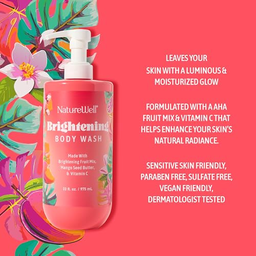 NATURE WELL Brightening Body Wash, Gentle & Creamy Formula Enriched with Mango Seed Butter & Vitamin C, Promotes a Luminous & Healthy-Looking Glow, Orange Zest, Blushed Rose, & Vanilla Scent, 33 Oz