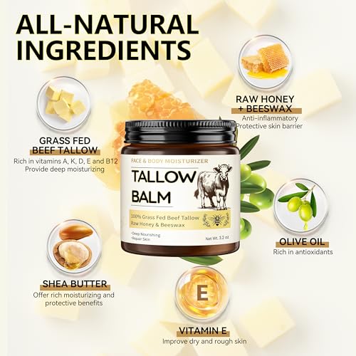 Veakoo Beef Tallow for Skin, 2 Pcs Grass Fed Tallow and Honey Balm, Organic Tallow Face Moisturizer, Natural Moisturizing Cream for Women Men, Body Butter, Nourish and Soothe Dry Skin