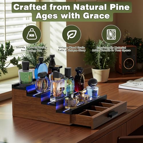 Perfume Cologne Organizer for Men: with LED Light 4 Tier Wooden Perfumes Stand, Desktop Parfum Holder Wood Display Shelf with Cabinet, Bedroom Makeup Lotion Jewelry Storage Rack with Drawer