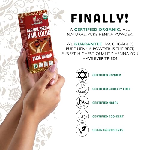 Jiva Organic Henna Powder For Hair - 100% Pure, Certified Organic Natural Hair Colorant - NO Chemicals, Kosher, Vegan, Cruelty Free
