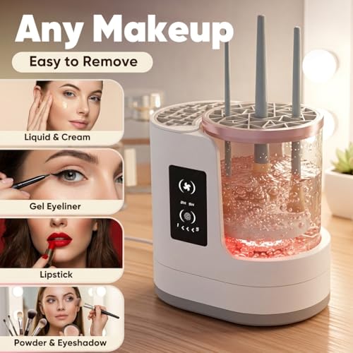 3-in-1 Electric Makeup Brush Cleaner with Air Drying Fan, Automatic Wash & Rinse, USB Powered, Designed for Single-Ended Brushes