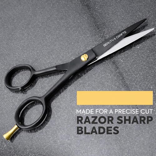 Beauty & Crafts- 5'' German Beard Mustache Scissors - 2 Mustache Comb for Facial Hair with Beautiful Pouch - Beard Trimming Scissors Use for Grooming, Cutting, and Styling of Mustache (Black)