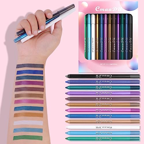 Eyeliner Set, 12 Colors Eye Shadow Pencil, Metallic Glitter Pearl Eye Pencils, Professional Waterproof Long Lasting Eye Makeup Set for Women