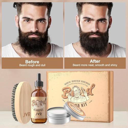 JVR Beard Grooming Kit for Men, Beard Care Kit Includes Oil and Balm,100% Boar Brush Vegan Just for Men Mustache, Perfect Gifts for Him Man Dad Boyfriend