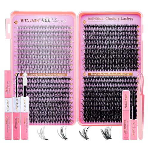 Lash Extension Kit DIY Lash Clusters 800pcs Cluster Lashes Individual Lashes Book Set Eyelash Extension Kit with Lash Bond and Seal,Lash Remover,Lash Tweezers(10D+30D+50D+80D Kit,8-16mm)
