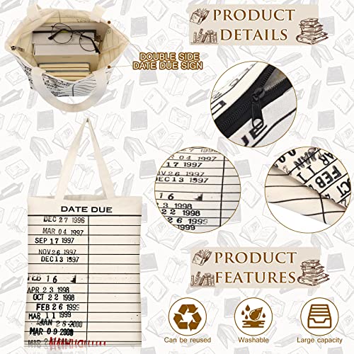 Sieral 6 Pcs Librarian Gifts for Women Library Book Tote Bag Due Date Cards Librarian Gifts Stamp Canvas Vintage Toiletry Bag Aesthetic with Zipper for Book Lovers Women Teacher Valentine
