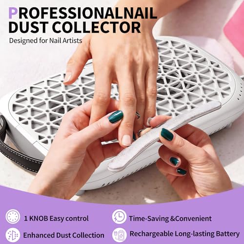 Cordless Dual Turbine Nail Dust Collector Nail Tech, 2000Pa Rechargeable Nail Fan Dust Collector with Dual 12000RPM Motors, Professional Nail Dust Collector Nail Tech for Acrylic & Gel