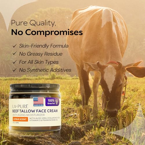 LA PURE Beef Tallow for Skin, Grass-Fed Tallow Face Cream with Aloe Vera, Hyaluronic Acid, Frankincense & Vitamin E to Hydrate, Firm, and Smooth Skin, Non-Greasy Moisturizer, Citrus Scent, 2 oz