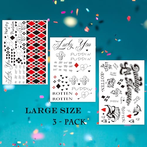 3-Pack Large Cosplay Temporary Tattoos ? 8.2 x 11.6 Inch Clown Girl Themed Fake Tattoos for Men, Women, and Kids ? Perfect for Halloween, Cosplay, and Costume Parties