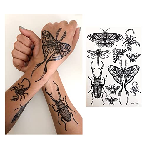 Temporary Tattoo for Adult Women - 3 Sheets - Black Big Moth Snakes Lotus Beetle Scorpion Dragonfly Bee Insect Koi Fish Skulls Love Kanji Sleeve Words Adults Tattoos