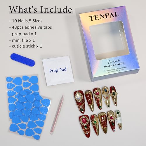 Imperial Bridal Press On Nails Long Stiletto,Phoenix Vermeil Ruby Filigree Designs Glue on Nails,Heirloom Cameo False Nails 10Pcs with Tools Kit,Reusable Wedding Fake Nails for Bride Matron(L)