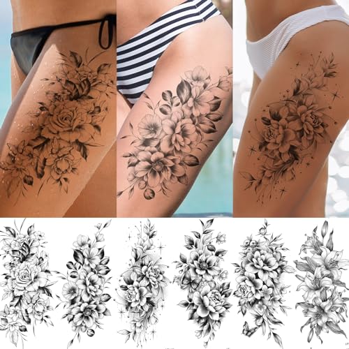 EMOME 12 Sheets Sexy Temporary Tattoos for Women, Half Arm Flowers Fake Tattoos Sleeve, Temp Realistic Tattoo Stickers for Adults Girls Shoulder Arm Leg Back