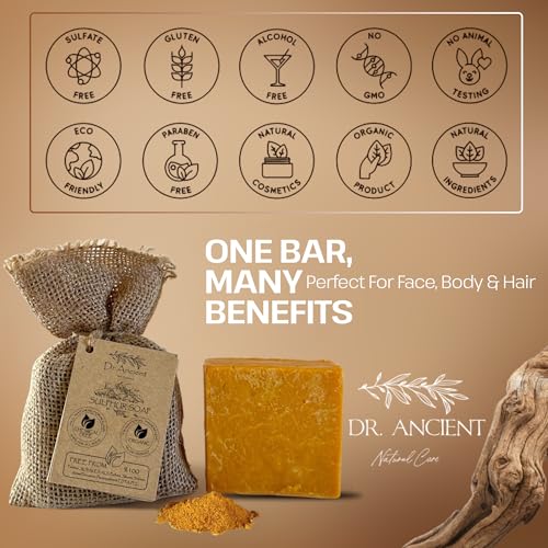 Dr.Ancient Sulphur Soap Bar Organic Natural Vegan Traditional Handmade Antique - Antibacterial, Effective For Acne - Absolutely No Chemicals! Pure Natural Soap! 5 Ounce (Pack of 2)