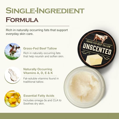 Handmade Grass-Fed Beef Tallow Balm - Pasture-Raised Beef Tallow Lotion for Face & Body - Hand Balm w/ Omega-3s, Vitamins A, D, E - All Natural Lotion for All Skin Types - Unscented 2 oz