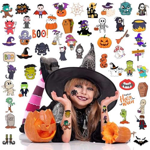 Halloween Temporary Tattoos Stickers for Kids Funny Halloween Themed 96PCS Birthday Party Supplies Favors Funny Cool Super Cute Fake Tattoos Party Decorations Boys Girls School Rewards Gifts