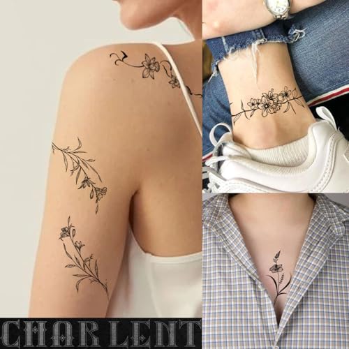 Temporary Tattoos for Women - 49 Pcs Line Leaves Sketch Fake Tattoos for Arm Wrist Leg Body/Realistic/Long Last/Waterproof