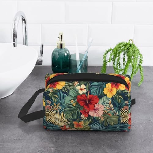Tropical Flowers Travel Makeup Bag Hawaiian Palm Leaf Cosmetic Bags Large Zipper Women Purse Portable Traveling Organizer Pouch for Ladies