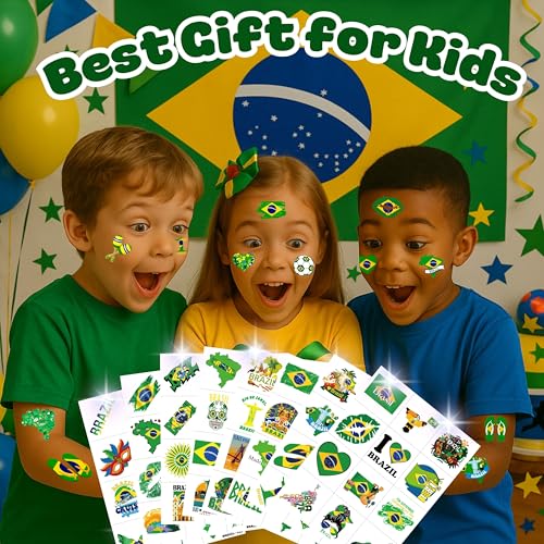 96 PCS Brazil Brazilian Pre-Cut Temporary Tattoos Themed Birthday Party Supplies Favors Decorations D?cor Soccer Carnival Tattoo Stickers Gifts For Boys Girls Class School Prizes Carnival Cartoon
