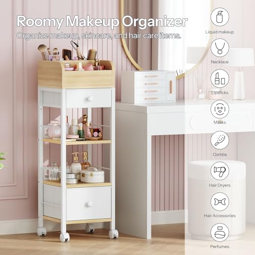 HOOBRO Makeup Organizer Cart with Fabric Drawers, Mobile Makeup Storage with Swivel Casters and Leveling Feet, Cosmetics Display Holder for Bathroom and Bedroom Vanity, White and Natural WN20TC04