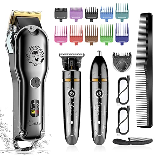 Hatteker Hair Clipper Cordless Barber Clipper T-Blade Beard & Nose Trimmer Grooming Kit Professional IPX7 Waterproof