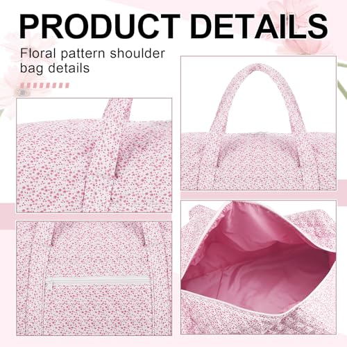 2 Pack Floral Travel Duffel Bag Large Quilted Travel Duffle Bag and Floral Makeup Pouch Portable Gym Lightweight Weekender Organizer with Zipper Pockets Grocery Pouch for Women(Pink)