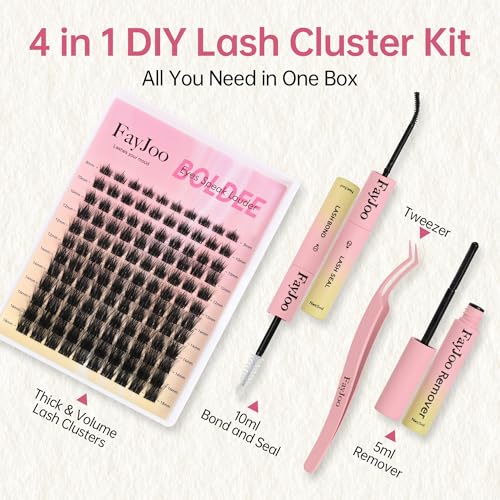 Volume and Soft Lash Clusters, Thin Fiber with 0.05mm Invisible Band,Thick DIY Salon Extensions Kit with Bond Seal Remover Tweezer,C Curl with 8-18mm Lengths,FayJoo BOLDEE 13 Kit