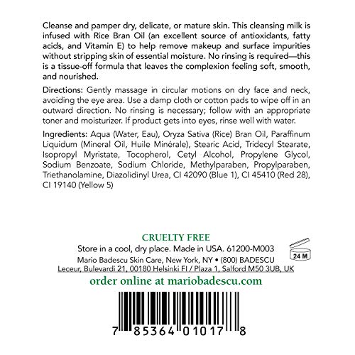 Mario Badescu Cleansing Milk with Carnation, Rice Oil & Vitamin E - No Rinse Liquid Makeup Remover Cleanser with Milky Formula For Skin Care and Gentle Cleansing Experience